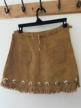 Women’s Suede Fringe Mini Skirt in Camel